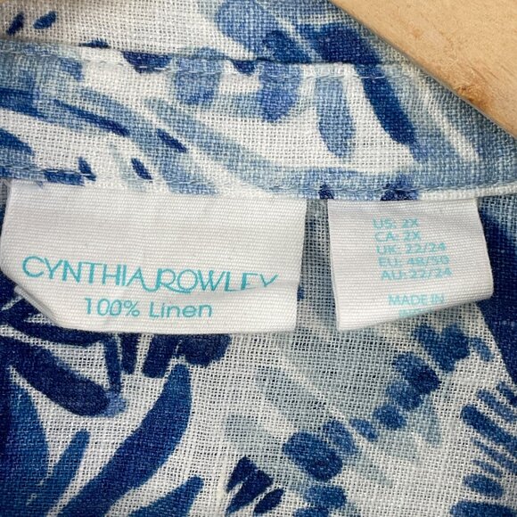 Cynthia Rowley Womens Plus 2X Blue White Floral 100% Linen Button Up Shirt - Picture 3 of 10